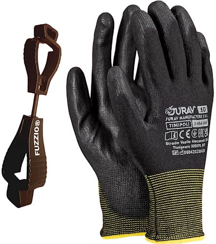 FUZZIO 24 Paar Arbeitshandschuhe Herren Gr 9, Mechaniker Handschuhe, Gartenhandschuhe Herren, Arbeitshandschuhe Damen, Montagehandschuhe Herren, Polyurethan Beschichtung mit Handschuhclip