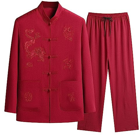 Darringls Kung Fu Ensemble de costumes pour homme - Costume chinois - Hanfu - Arts martiaux - Chemise - Pantalon traditionnel - Wing Chun Taichi - Uniforme, rouge, XXL