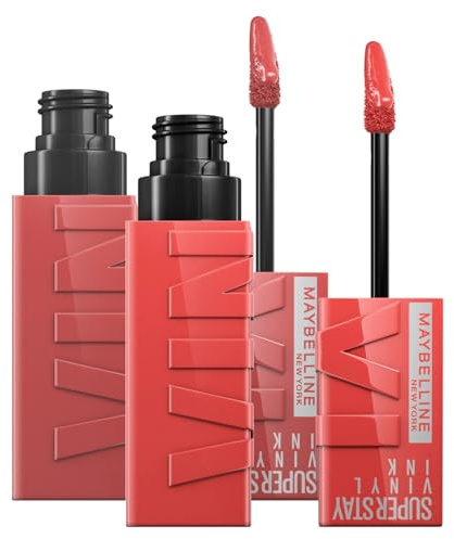 Maybelline New York SuperStay Vinyl Ink Rouge à lèvres 35 Cheeky (Rose) + SuperStay Vinyl Ink Rouge à lèvres 15 Peach (Pêche), finition brillante - 2 rouges à lèvres