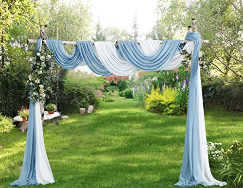 WARM HOME DESIGNS White & Dusty Blue Chiffon Wedding Arch Drapery Fabric. Pair of 144 (12 Feet or 4 Yards) Luxury Arch Decorations for Rustic Wedding Decor. CHW White & D Blue 144