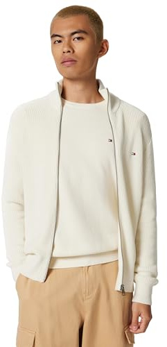 Tommy Hilfiger Uomo Cardigan Giacca in Maglia con Cerniera Rib Zip Through Cotone, Bianco (Ivory), S