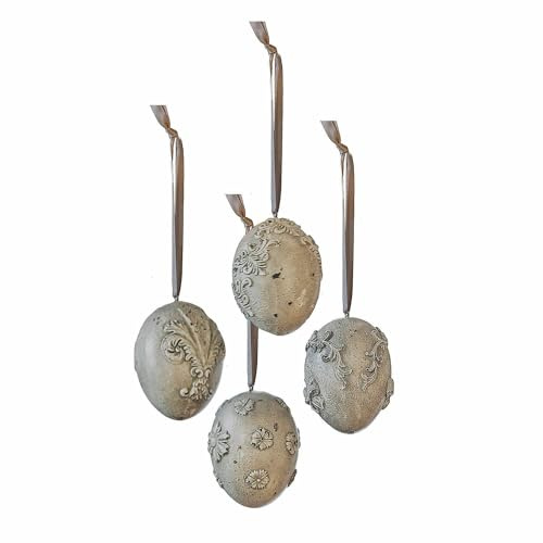 Loberon Anhänger 4er Set Zama, handgefertigt, mit hübschen Ornamenten, inkl. Aufhängung, Ostern, Osterdekoration, Ostereier, Polyresin, Polyester, antikgrau