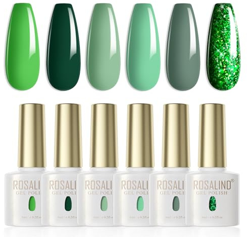 ROSALIND UV-nagellack Grön, 6 färger Glitter Grön Gräsgrön Mörkgrön Sommar Vår Gel Naglar Soak Off UV LED Polish Nagellack för nybörjare Gel Polish Art Salon DIY | Mörkgrön Glitter Grön Emalj Halvpermanent Naglar Soak Off UV/LED Gel Nail Art Salong Manikyr Present 6 ml