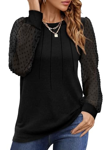 Aokosor Ladies Long Sleeve Tops Black Women Top Size 18-20 Ladies Shirts Long Sleeve Pleated Lace Blouse Tops