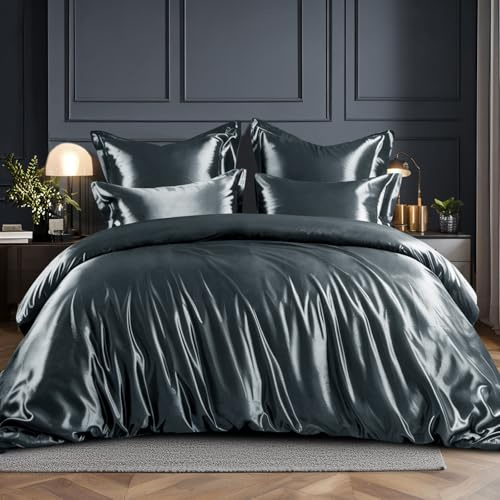 RUIKASI Biancheria da letto in raso 200 x 200 cm, colore: grigio effetto seta, set copripiumino lucido come seta, set di biancheria da letto lucida 200 x 200 cm, con chiusura lampo, federa