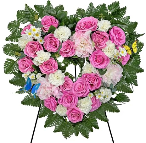 MUVIC Cemetery Flower Wreaths for Grave Decorations- Elegant Remembrance Standing Heart,Memorial Floral with Easel Stand,Pink Hibiscus Rose Carnation Daisy-27 Inch