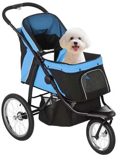 PawHut Carrito para Perros Plegable Cochecito para Mascotas Carrito para Perros Medianos Pequeños con Cesta Capota Ajustable Ventana de Malla y 3 Ruedas Grandes Carga 20 kg 111x58x107 cm Azul