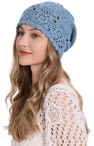 ZLYC Cappello da Donna in Cotone Lavorato a Maglia Lavorata a Mano all'Uncinetto con Teschio Estivo, Blu Mite Solido, Taglia Unica
