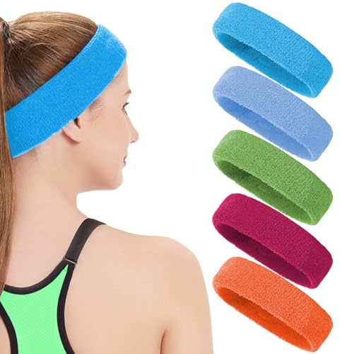Set di 5 fasce sportive per uomini e donne, in cotone, fasce per il sudore, in spugna, per tennis, ginnastica, allenamento