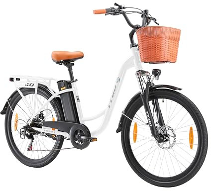 ttgo 26 Zoll City E Bike für Damen mit Korb, 250W 45 N.m Motor Drehmoment 36V 14,5 Ah Akku 25 km/h 6 Gänge 75 km Reichweite E-Bike für Pendler und Outdoor-Fahrten für Erwachsene (Weiß)