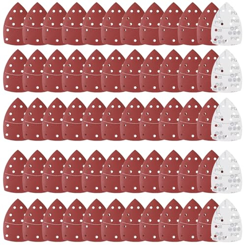 Sruhrak 60 pezzi di fogli abrasivi 152x105mm Triangolari Carta Vetrata con 11 fori grana 120 Carta Abrasiva Levigatrice Mouse per legno, metallo e plastica