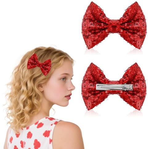 2 PCS Red Glitter Bows, 4.33 in Embroidered Sequin Hair Bow Bling Hair Accessories Hairs Bows for Women Girls Kids Teens Valentines Christmas Birthday Gift Party Dress