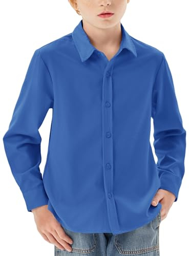 Haloumoning Camisa de manga larga para niño, con botones, corte regular, informal, informal, fiesta, camisas, monocolor, fácil de planchar, uniforme escolar formal