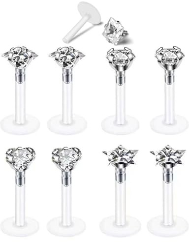 UYRVAPE 8 pezzi Piercing per trago trasparente, 1.2mm Trasparente UV Flessibile Acrilico 3mm CZ Gemmama Labret Anello Labbro/Trago/Helix/Cartilagine Orecchio Stud Bilanciere Corpo Piercing Gioielli