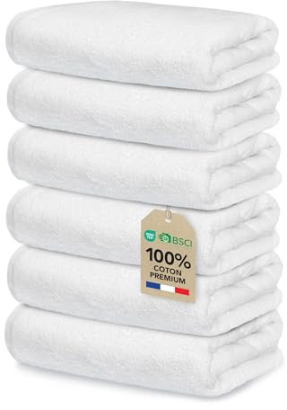 Lot de 6 Serviettes de Toilette 50x100 cm Blanc en 100% Coton 500 g/m², Essuie Main Grande Taille Douces Résistantes et Durables Certifiées Oeko-TEX