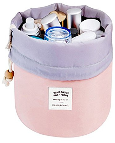 Women Travel Make Up Bag,Pouches Cosmetic Bags Girls Barrel Shaped Hanging Toiletry Wash Bags Nylon Drawstring Makeup Organizer Storage Bag + Small Zipper Pocket+PVC Transparent Brush Bag (Pink)