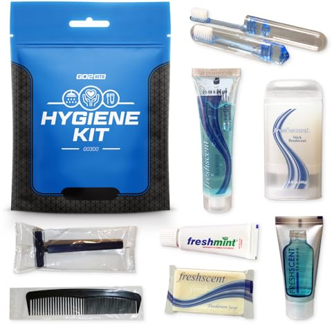 Go2Kits Trousse de toilette de voyage, trousse d'hygiène avec fournitures de rasage pour voyage, affaires et charité avec brosse à dents réutilisable, savon de bain et autres articles de toilette