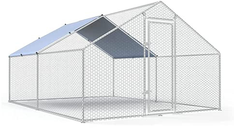 Large Metal Chicken Coop Walk-in Poultry Cage Chicken Run Pen Duck House with Waterproof and Anti-Ultraviolet Cover for Outdoor Farm Use Spire Roof(10' W x 13.2' L x 6.4' H)