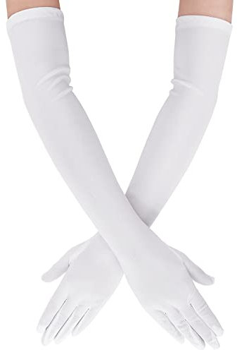 Tatuo 1920er Jahre Lange Abend-Handschuhe aus Satin, Ellenbogenhandschuhe, Opernhandschuhe, Stretch, Braut, Hochzeit, Abschlussball, Party, Kostüm, Zubehör für Frauen, Weiss/opulenter Garten, 53 cm