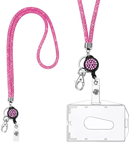Vicloon Lanyard mit Kartenhalter, Kristall Lanyard Halskette mit Transparent ID Karten Halter, ID Card Holder Abzeichen Kit für Schlüsselanhänger und ID(Pfirsichfarbe)