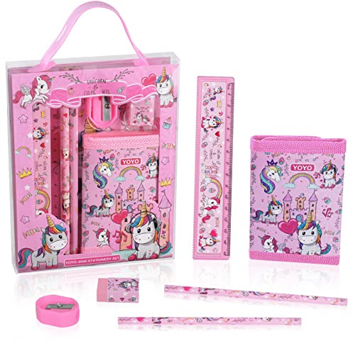 Vicloon Einhorn Schreibwaren Set, Einhorn Schreibwaren Geschenkset, Radiergummi, Anspitzer, Brieftasche, Lineal, Bleistift, Mitgebsel, Geschenk Set (Einhorn)