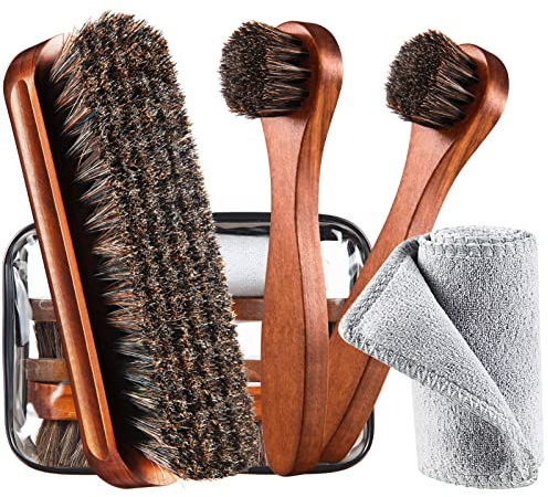 4 st hästhår skoborste kit polering daubers applikatorer lädervårdborstar glans rengöringsduk med väska (skoborste set E)