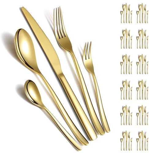 Berglander Juego de cubiertos de oro 60 piezas para 12 de acero inoxidable chapado en titanio dorado, juego de cuchillos de cucharas de oro para el hogar, boda, restaurante, hotel