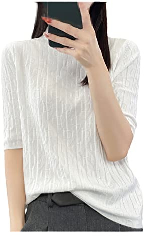 Suéter de cachemira de punto fino suave y a la moda para mujer, camiseta de manga corta, blanco, XL