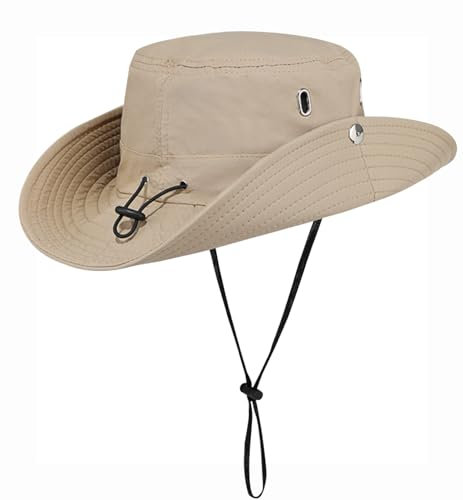 Rayson Sombrero de Pesca Hombre Mujer Gorra de Pescador Transpirable Sombrero de El Sol con Correa de Barbilla Protección UV Verano Boonie Gorra de ala Ancha para Aire Libre(Beige)
