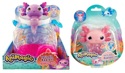 Animagic - Set 1 Acquario Axolotl Viola + 1 Axolotl Rosa - Animale Domestico Elettronico e Luminoso - per Bambini dai 4 Anni - Corpo Estensibile - Acquario per Il Trasporto degli Axolotl
