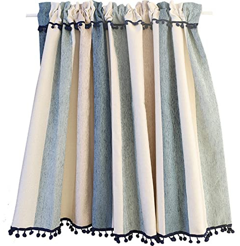 A.Monamour Rideau Court pour Fenêtre Petite - Opaque Bleu Beige Rayé - Brise-bise à Étages et Disques - Panneaux Cantonnières Demi - Passe-Tringle pour Bistro Café