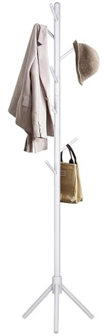 Perchero De Pie Madera de Haya Blanco Con 8 Ganchos Estilo Árbol Minimalista | Colgador Ropa Sombreros Bolsos Fácil Montaje | Organizador Entrada Dormitorio Salón Oficina Compacto Estable Ligero