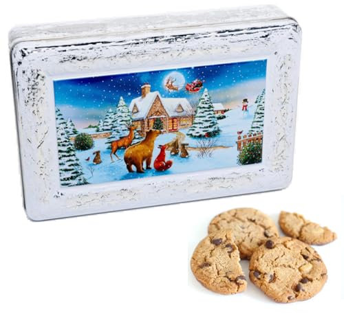 Churchill's® | Biscotti Caramello Salato e Cioccolato Latte | Latta Metallo Villaggio Natale Decoro Rilievo con Biscotti | Lattina Regalo Biscotti Caramello Cioccolato