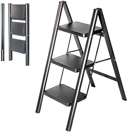 Escabeau 3 marches FOLDPACT3, Marche pied pliable, Échelle pliante, Design ultra-compact, Marches larges 17,5 cm, Acier, Etagère temporaire, Garantie 5 ans, Hostrom