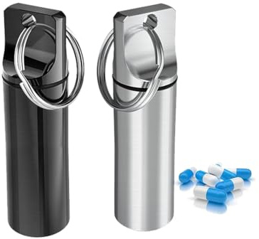 AFCJLTO 2pcs Portapillole Portachiavi, Pillole in Alluminio Pill Box, Mini Porta Pillole in Alluminio, Mini Portapillole Portatile, per Viaggi All'aperto(nero, argento)