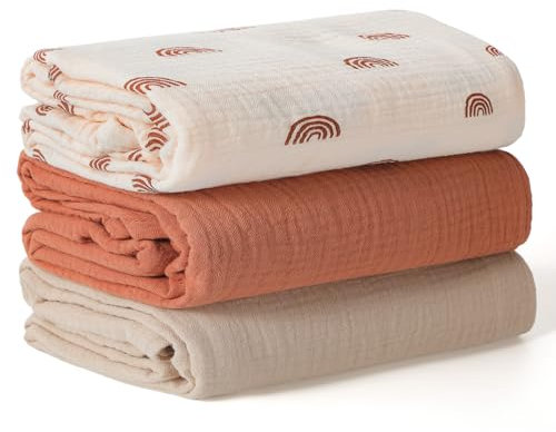 Peepeemax Baby Pucktuch für Neugeborene, Große Musselin Tuch 100x100cm, Weich Atmungsaktiv Baumwolle Musselin Decke Swaddle Blanket für Junge und Mädchen, 3 Stück, Regenbogen