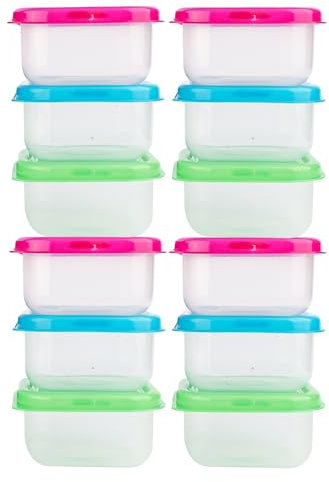 9 Mini Multicoloured Square Plastic Containers With Lids 80ml - Colour Co-ordinated Food Containers Stackable, Snack, Sauce Containers, Freezing, Cooking, Weaning Pots, Arts & Crafts Supply Storage