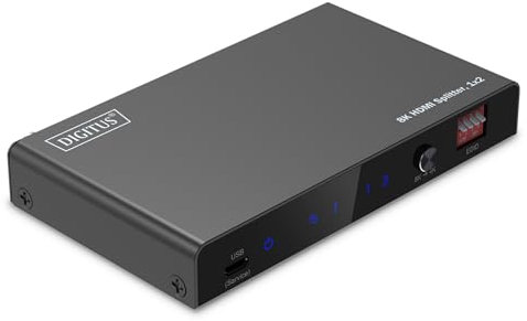 DIGITUS DS-55339 Divisor HDMI 1x2 – Entrada: 1 Puerto/Salida: 2 Puertos – UHD 8K/60 Hz HDTV: 7680 × 4320p – HDCP 2.3 & HDMI 2.1 – HDR, Deep Color, Interruptor EDID – Toslink, Estéreo (3,5 mm)