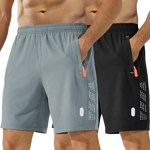 kuzwufs Herren Jogginghose Kurze Lauf Sport Shorts Polyester Training Fußball Hose Kurze 2er Pack Dry Fit Gym Shorts mit Reißverschlusstaschen Schwarz/Hellgrau-M