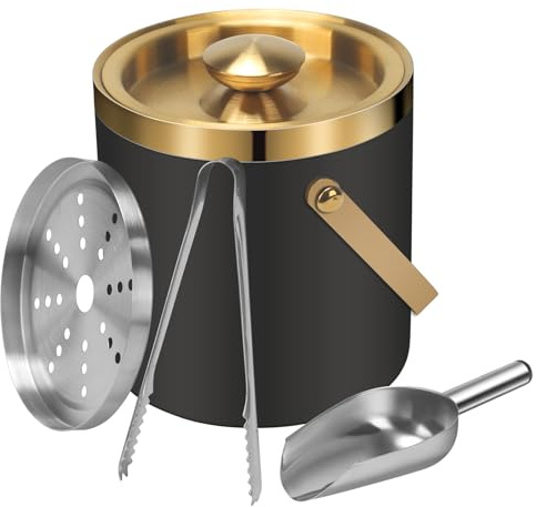 VirtuGro Ice Bucket, 2L Double Walled Insulated Small Ice Bucket with Lid and Tongs, Scoop, Strainer, Stainless Steel Champagne Bucket for Parties Home Bars Restaurant BBQs, Black and Golden