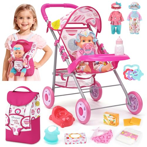 Baby Doll Stroller Set with 12.5 Doll, Baby Dining Table, Backpack with Carrier, 21 PCS Baby Doll Accessories Stroller Toys, 2 Sets Doll Clothes, Feeding Set Girls Toddlers Gifts for Pretend Play