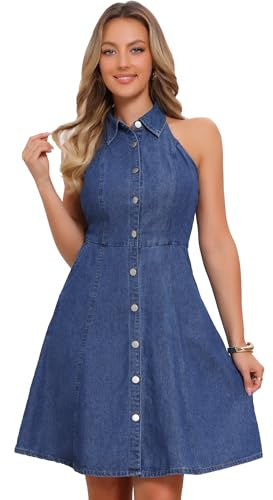 Allegra K Donna Abiti in Denim Jeans Leggeri, Abiti con Scollo all'Americana e Bottoni Blu M