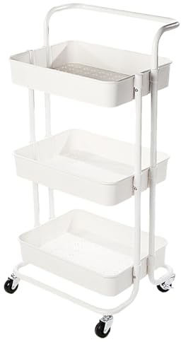 3-Tier Storage Trolley on Wheels | Makeup Storage | Cleaning Trolley | Shelves Unit | Utility Cart | Cleaning Caddy | Rolling Cart | Bathroom Shelving | Ideal for Kitchen, Bathroom, Utility (White)