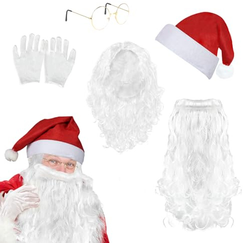 WEITAPYT Barba e Parrucca di Babbo Natale Cappello Rosso Occhiali Guanti per Adulto Uomo e Donna Travestimento di Santa Claus Accessori Costume per Cosplay Ruoli Feste Natalizio (Tipo 4)