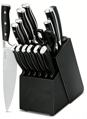 Knife Set, 15 Piece Premium Kitchen Knife Block Set, Razor-Sharp, High Carbon Stainless Steel Chef Knife, Ergonomic Forged Triple Rivet Handle, Black Sharp Knife Set for Kitchen, Dishwasher Safe