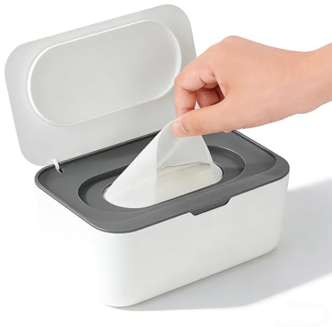 XxinXrong Caja dispensadora de toallitas húmedas rellenable con tapa, mantiene las toallitas húmedas frescas y limpias, manejo con una sola mano, color gris, ideal para baño, inodoro y habitación