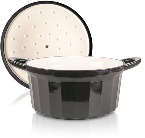 Romersk gryta gjutjärnsgryta med lock 28 cm – gryta emaljbeläggning, alla typer av spisar inklusive induktion, ugnssäker 250 °C, brödbakning stekning, PFAS-fri, antracit