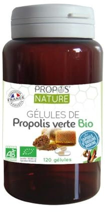 Gélules Végétale Propolis Verte Bio - enveloppe végétale - Dosées à 100mg/gélule - 120 gélules - Sans colorant ni conservateur - Certifiées bio - Agriculture Biologique - PROPOS'NATURE