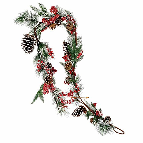 HOMESCAPES Frosted Artificial Replica Fir Branch Christmas Garland Red Conifer Cone Berry - Artificial Flowers and Plants for Indoor and Outdoor Decoration