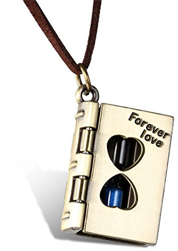 JewelryWe Sanduhr Liebesbrief Halskette Damen: Samtseil Kette Buch Medaillon zum öffnen Anhänger mit Blau Sanduhr & Gravur Forver Love Verstellbare Pullover Halskette Länge 80cm Geschenk für Männer